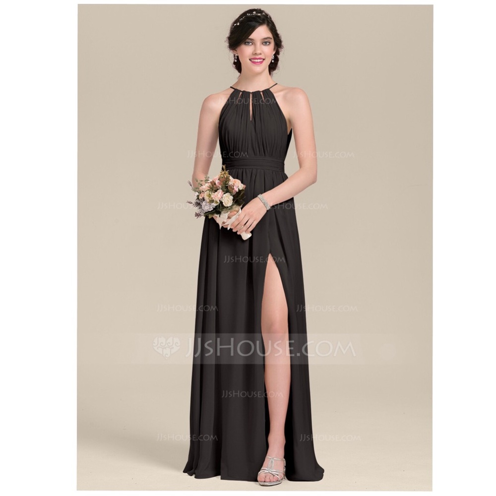 High Neck Long Black Chiffon Bridesmaid Dress